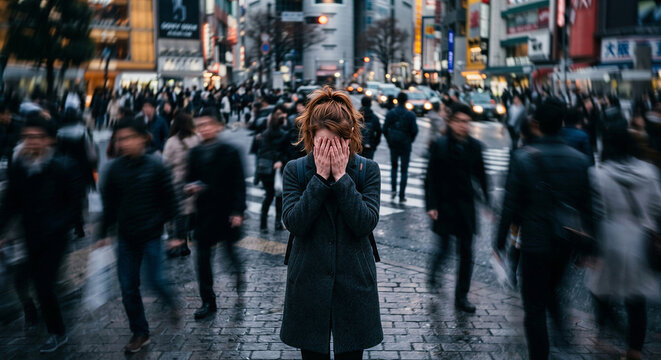 Woman feeling overwhelmed in crowded city street