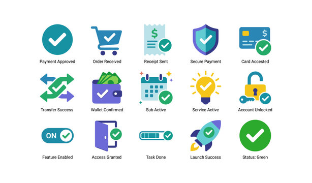 Payment confirmation and account status icons for transactions