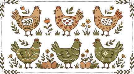 Hand-Drawn Chicken and Egg Illustration Collection Featuring Floral Patterns and Farm Elements for Websites, Apps, and Digital Media Designs © Md