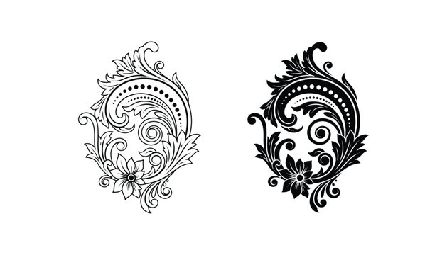 Detailed baroque floral scroll element vector illustration with decorative dots and leaves in outline and solid styles for luxury graphic design and branding