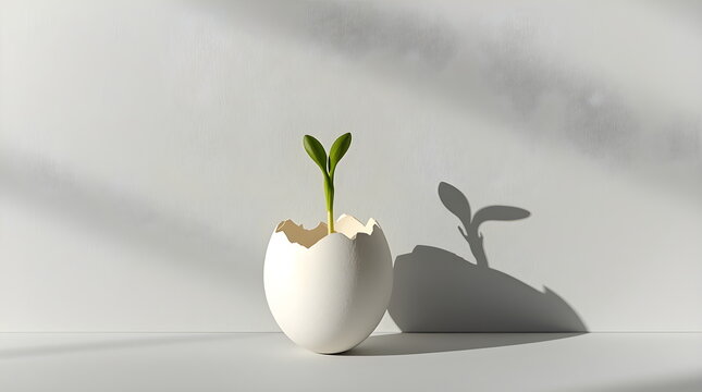 Creative Easter concept with green sprout in eggshell and bunny shadow