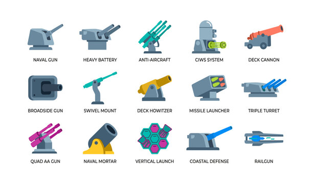 Naval weapon icons of ship gun and missile mounts on white