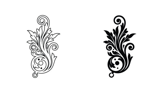 Elegant baroque floral scroll flourish motif in classic black and white vector style for luxury invitation design and decorative vintage ornament projects