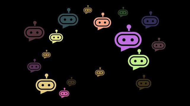 Multi-agent AI system concept on the transparent background. Motion graphics of multiple artificial intelligence robot icons. 4k video animation. 