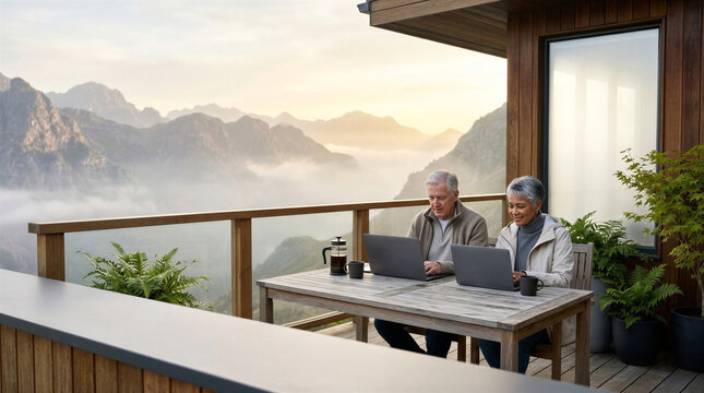 Senior couple working on laptops on mountain balcony