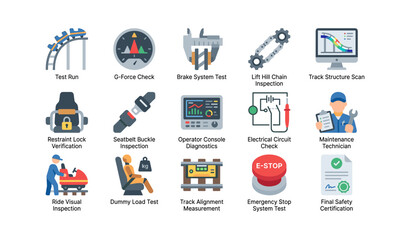 Fototapeta premium Ride safety inspection icons showing test procedures on white