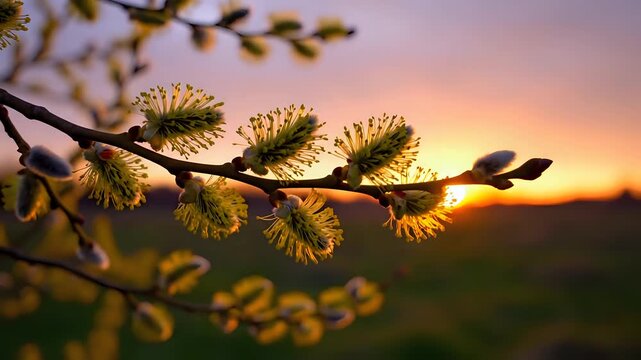 Pussy Willow Branches Bloom at Sunset with Golden Light.