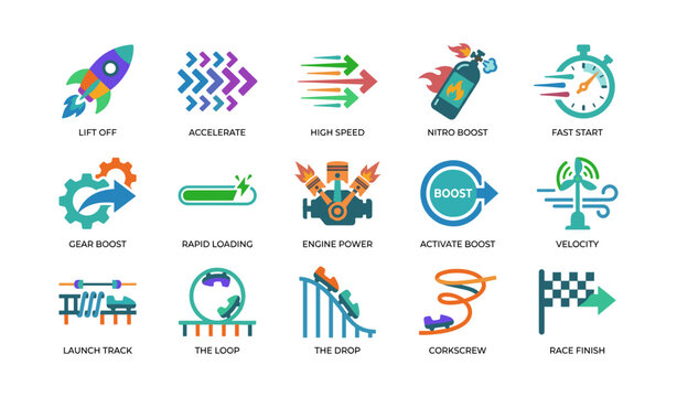 Icons depicting speed and boost concepts on white background