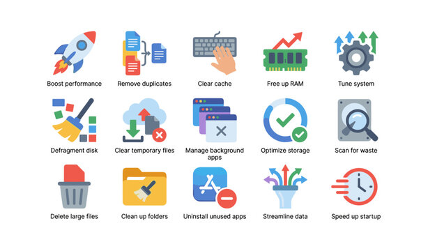 Computer maintenance icons showing cleanup actions and tools