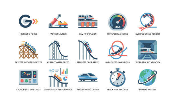Roller coaster speed and performance icons on white background