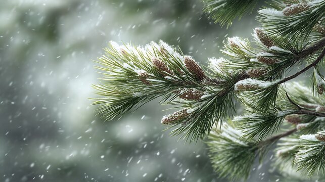 Close-up of a pine branch adorned with delicate snow and budding cones, set against a soft, blurred winter background, creating a tranquil and frosty scene.