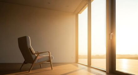 Fototapeta premium Minimalist armchair bathed in warm golden hour sunlight by a large window overlooking a serene water landscape, creating a peaceful and inviting atmosphere of modern comfort and tranquility.