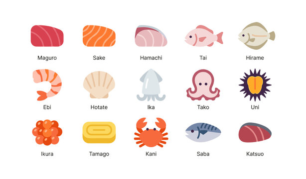 Sushi ingredients and seafood icons arranged on white background