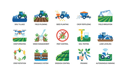 Fototapeta premium Farm machinery and crop management icons representing field operations