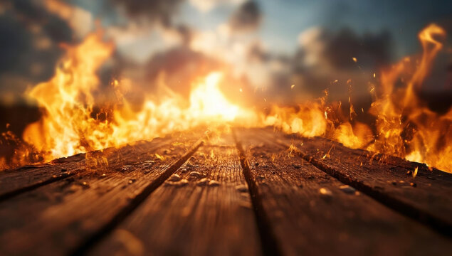Fiery flames engulf a weathered wooden surface, creating a dramatic, intense scene