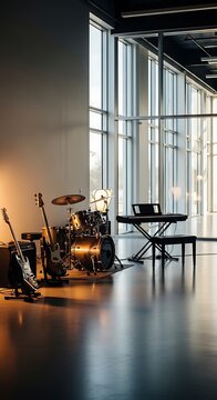 Modern music studio setup with drum kit electric guitars and keyboard on a stand illuminated by warm light and large windows