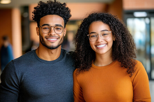 Smiling young African American couple wearing glasses poses for a portrait