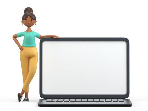 A woman stands confidently next to a large laptop with a blank screen