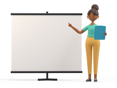 A woman stands next to a blank whiteboard