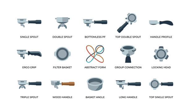 Portafilter and coffee group components arranged on white background