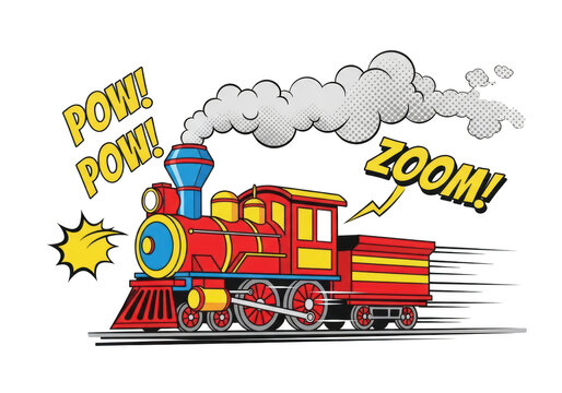 Comic book style steam train illustration with action words zoom and pow isolated on transparent background