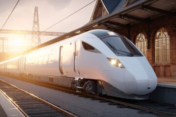 Fototapeta premium Futuristic high-speed train on viaduct in green mountain landscape, Capsule Train in Tunnel..