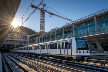 Fototapeta premium Futuristic high-speed train on viaduct in green mountain landscape, Capsule Train in Tunnel..