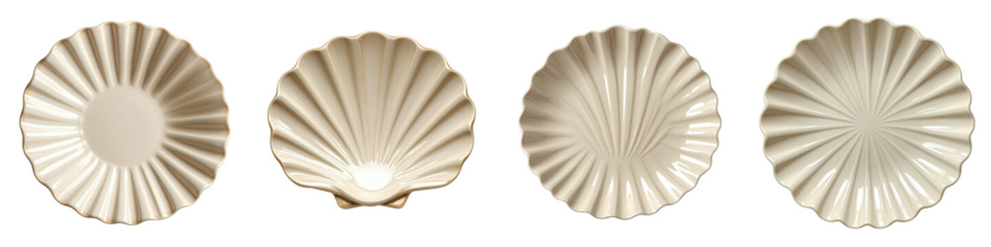 Four elegant scallop shell shaped ceramic dishes in glossy beige porcelain finish