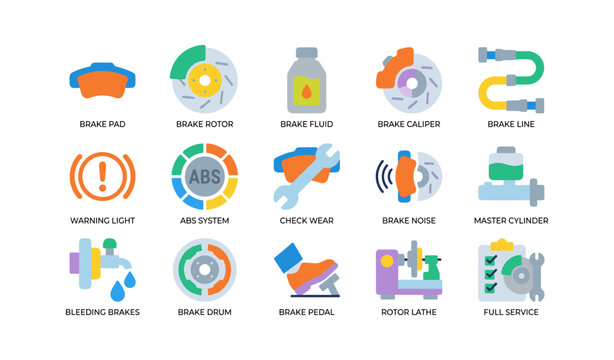 Automotive brake system icons arranged in grid on white background