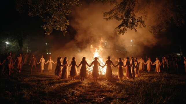 Small pagan gathering around a bonfire, people holding hands, Ivan Kupala celebration, firelight and shadows, authentic Slavic ritual atmosphere