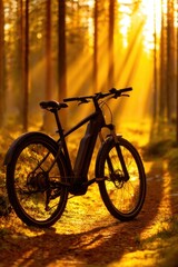 Fototapeta premium A sleek bicycle stands on a sunlit forest path, surrounded by golden rays filtering through trees