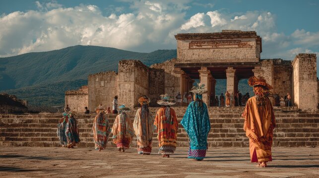 Traditional dancers walking onto stage, Oaxaca landscape behind them, vibrant costumes contrasting stone architecture, cultural authenticity, 8k