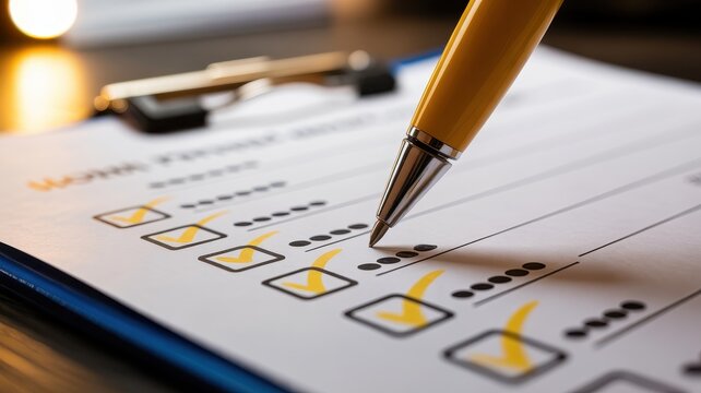 Close up of yellow pen filling out customer survey form on clipboard