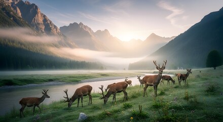 Naklejka premium Majestic Deer Herd Grazing in a Misty Mountain Valley at Sunrise