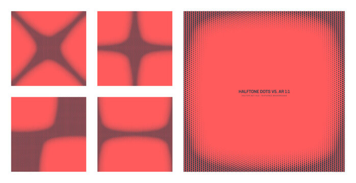 Assorted vector red black dotted halftone pattern set in square 1:1 aspect ratio including rounded vignette frame and various unique borders. Different half tone offset graphic design elements bundle