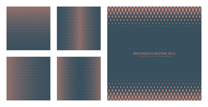 Assorted vector boho scale grid halftone vintage pattern set in square 1:1 aspect ratio including faded border frame and various textures. Varied old fashioned half tone textured design element bundle