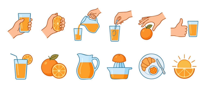 Orange juice set collection, hand holding glass and fruit icons, vector illustration of citrus breakfast preparation, healthy fresh food symbols for menu design, refreshing summer drink concepts pack.