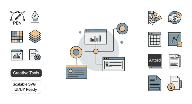 Modern UI icons and creative tools set in black and white, conveying a sense of design and technological innovation. Suitable for website, app design,