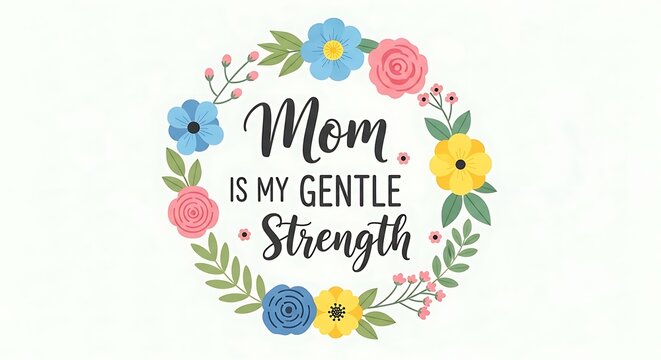 Mom is my gentle strength quote with a colorful hand drawn floral wreath illustration