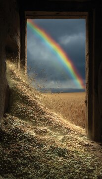 Ancient seed bank vault cracked open releasing heirloom grains for Earth Day planting, golden wheat waves under rainbow, farmers scattering chaff, genetic heritage revival