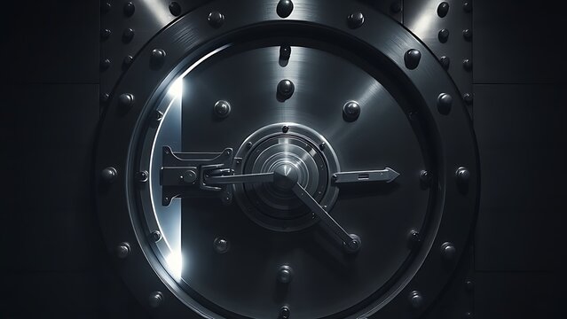 A massive steel vault door with a narrow slit of light escaping from the seam in a dark room.
