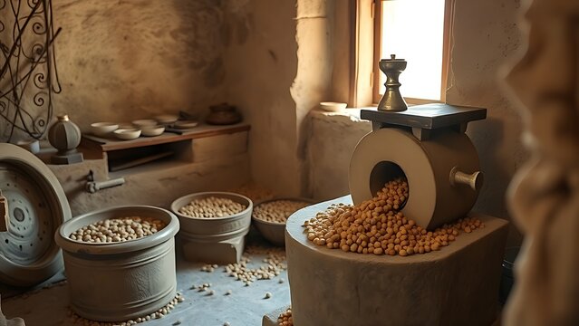 Traditional Berber workshop with stone mill pressing argan nuts.