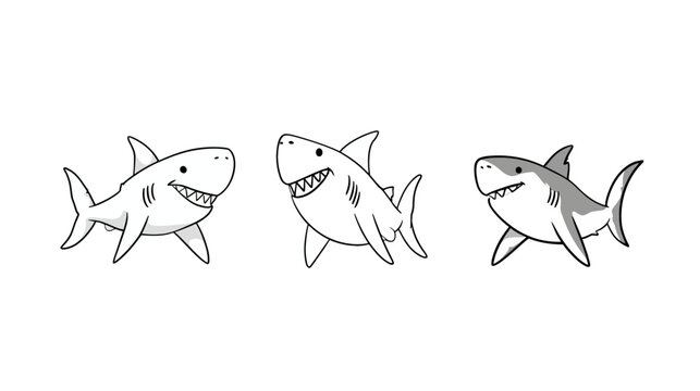 Three friendly cartoon sharks smiling and swimming, cute ocean animal vector illustration isolated on white background.