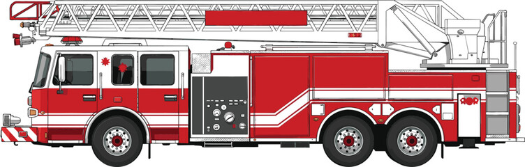 Fire truck with extended ladder detailed illustration, emergency rescue vehicle vector for firefighting services, public safety design, transportation graphics, and municipal equipment concepts © MdRazaul