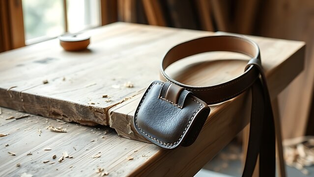 A leather toolbelt draped over a wooden workbench with wood shavings.
