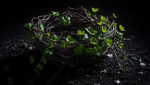 A crown of grapevines and ivy on dark soil with broken glass shards.