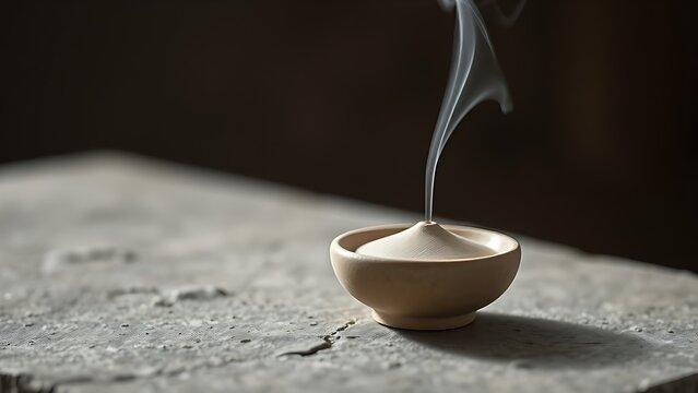 Simple unglazed ceramic incense burner with a wisp of smoke on a stone surface.