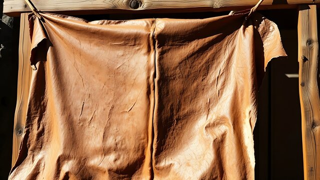 Animal hide stretched on wooden frame, textured surface in sunlight.