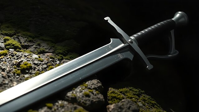A medieval longsword thrust into a crack in mossy stone.
