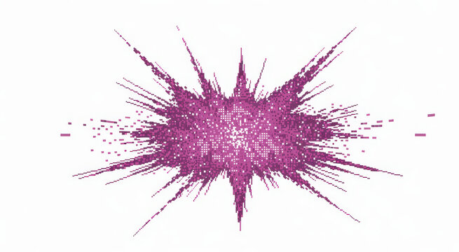 Digital purple explosion with scattered pixelated particles on a plain white background